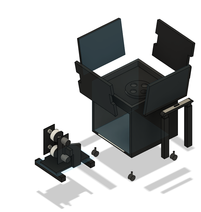 Exploded view: wheel assembly, hopper, frame and castors.