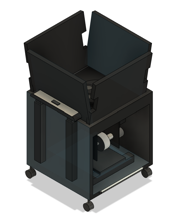 Final design, isometric view: hopper above, throwing wheels and drive below.