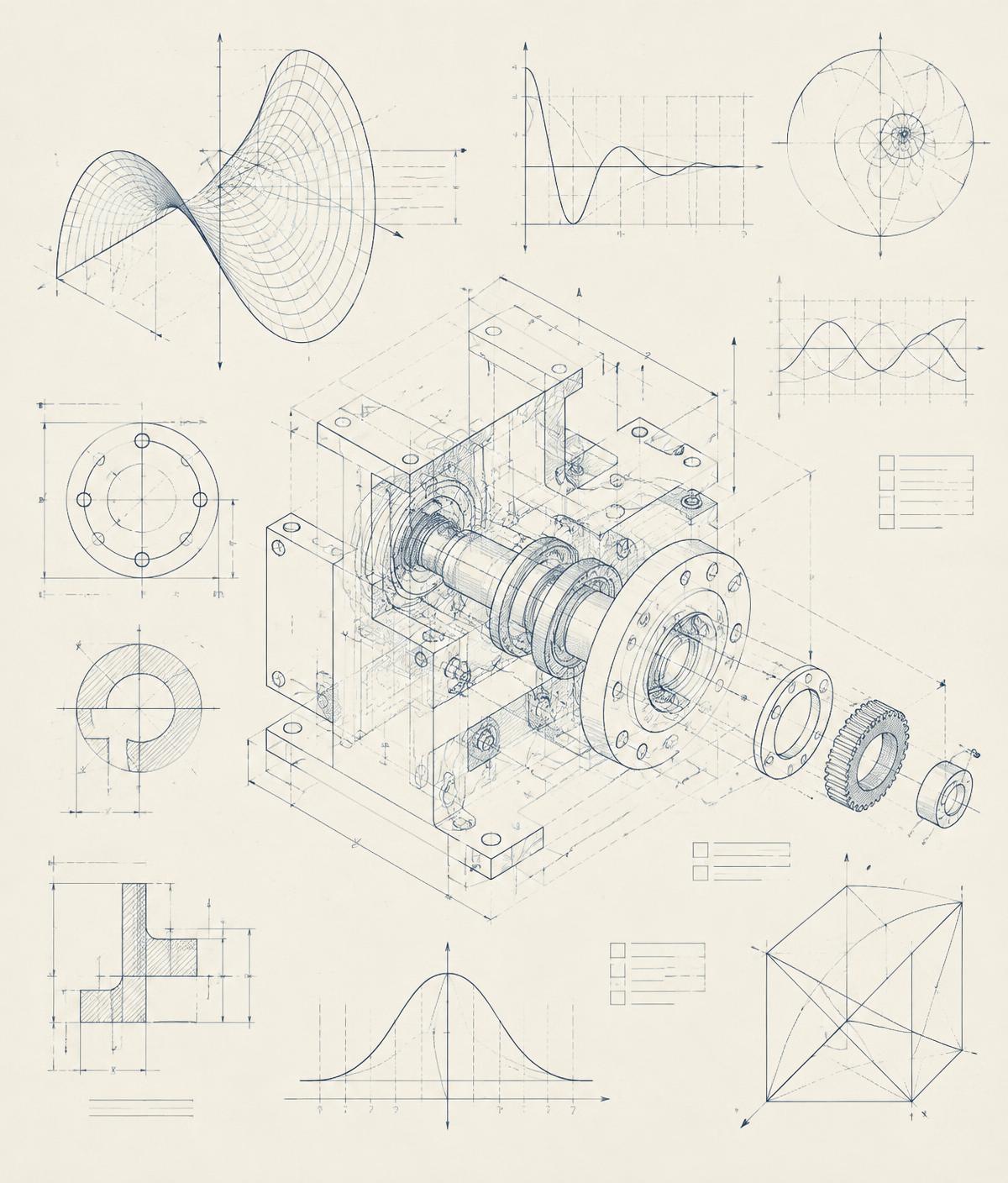Abstract technical drawing combining a mechanical assembly with mathematical plots